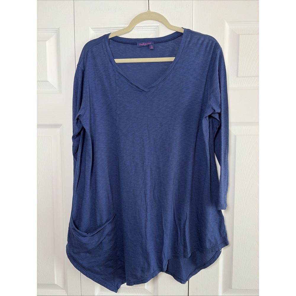 Fresh Produce Athella Tunic Womens Size LG Blue Slub Cotton V-Neck Pocket Top